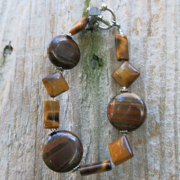 Natural Tiger's Eye Silver Bracelet, Geometric Natural Healing Stone Bracelet - Picture 4 of 6